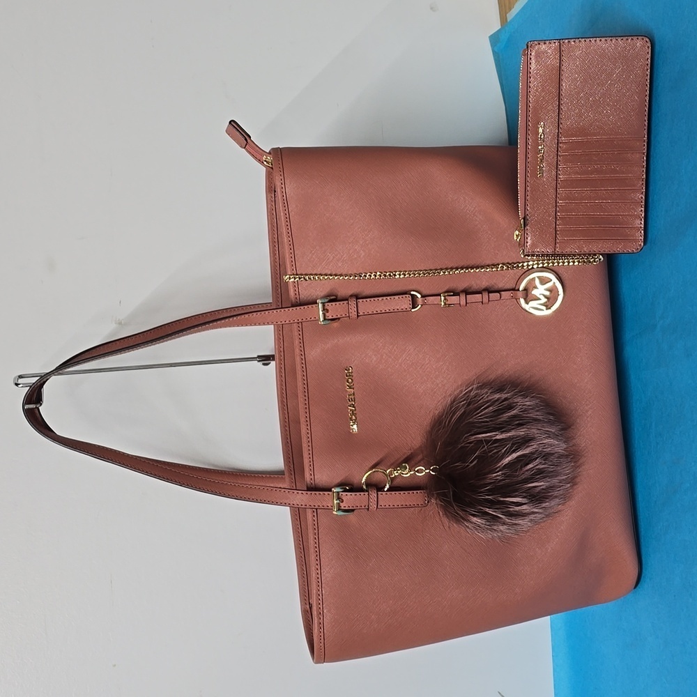 Michael Kors Mauve Brown Saffiano Leather Tote with Card Holder & Charm